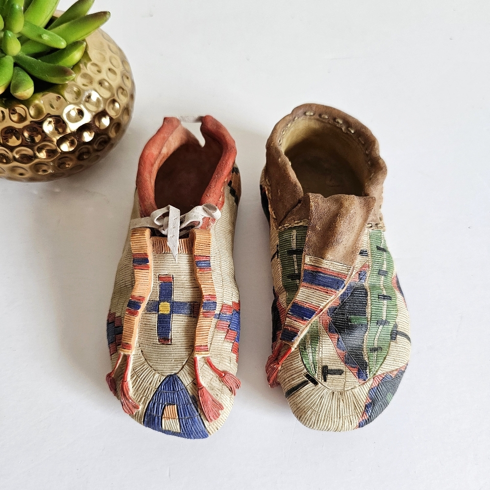 Handcrafted Clay Painted Native American Tribal Moccasins, 2 Unique Styles